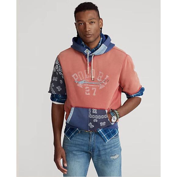 Polo Ralph Lauren Patchwork Fleece Hoodie Mens Short Sleeve L Bandana Pockets - Picture 1 of 14